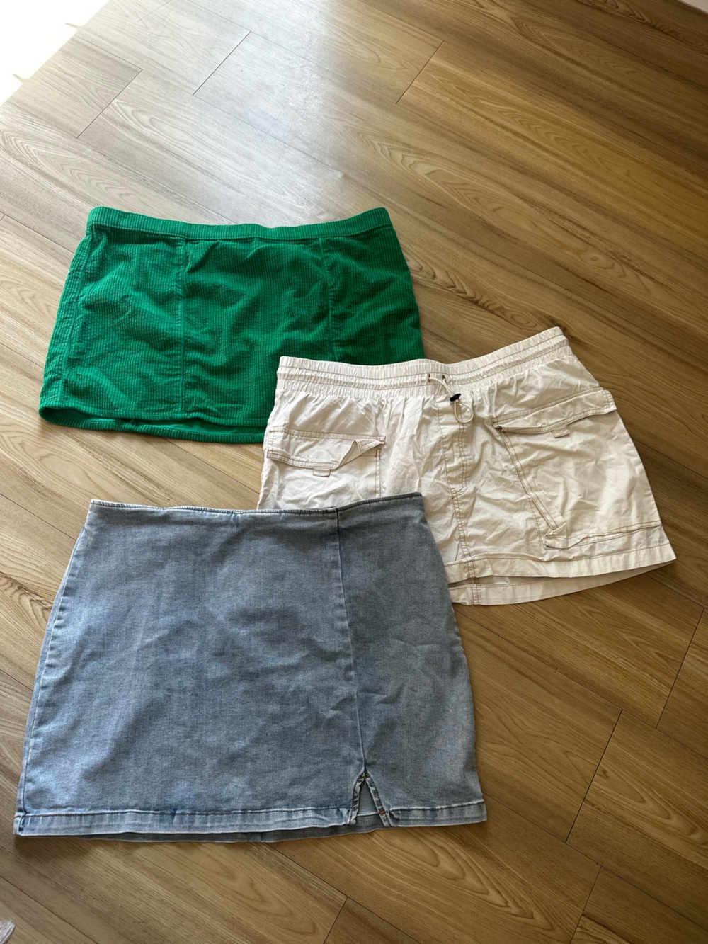 Three Casual Skirts Bundle- Cream Cargo, Green Corduroy, Denim Light Blue
